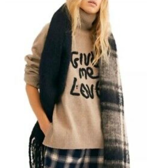 🆕NWT FREE PEOPLE GEMINI Plaid blanket Camel Black - Picture 1 of 9